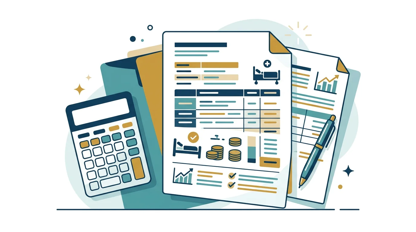 Calculator and financial documents showing hospital bed monthly payment plan calculations on desk