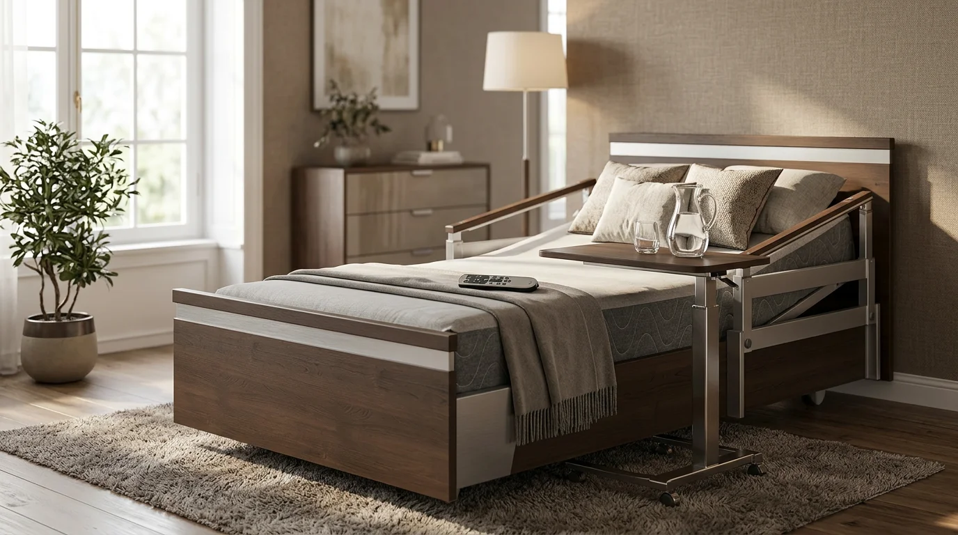 Caregiver adjusting hospital bed height to ergonomic working position before providing daily care