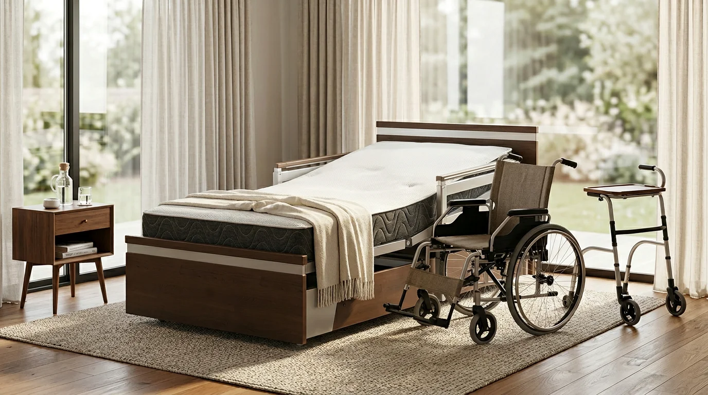 Caregiver assisting patient with bed transfer using proper body mechanics and hospital bed height adjustment