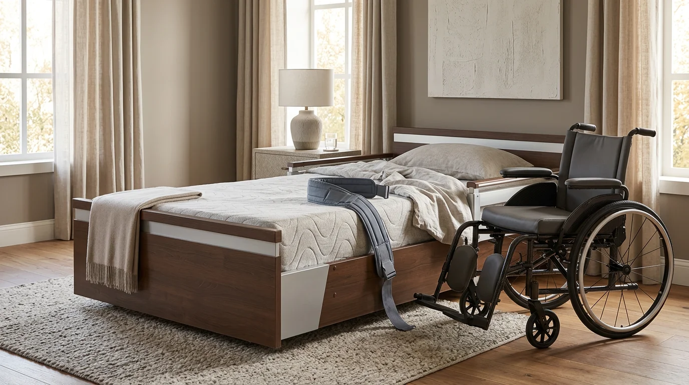 Caregiver performing safe patient transfer from hospital bed to wheelchair using transfer belt