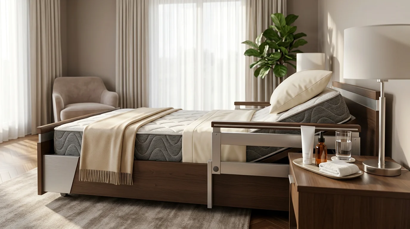 Caregiver performing skin inspection at common pressure points during daily hospital bed care routine