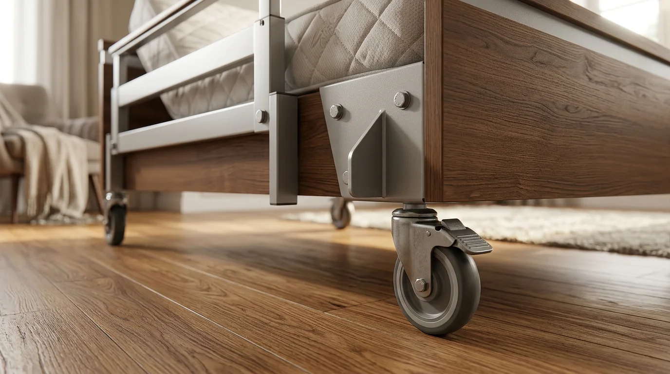 Close-up view of bariatric hospital bed reinforced steel frame and heavy-duty caster lock system