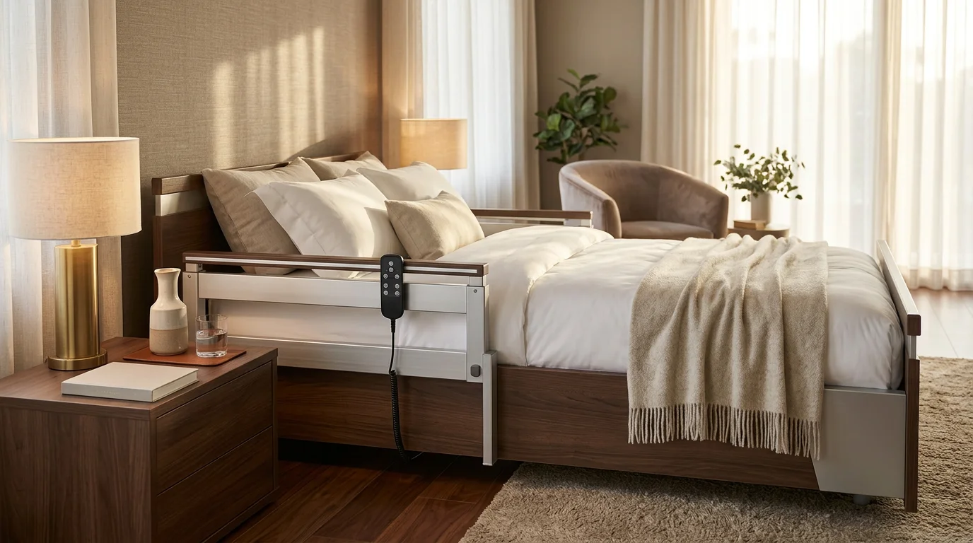 Detailed view of hospital bed features including pendant control and adjustable rails