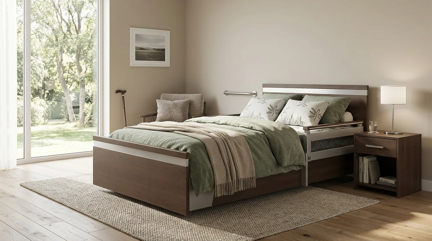 Bright and comfortable home bedroom designed for aging in place with hospital bed and accessible features