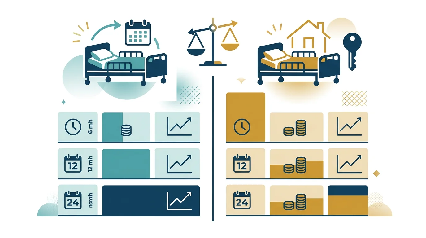 Cost comparison chart showing rental versus purchase total expenses over six twelve and twenty-four months