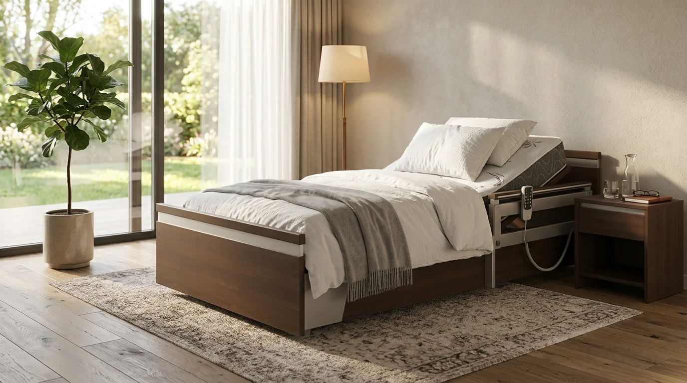 Customer testing hospital bed controls with specialist explaining features and differences