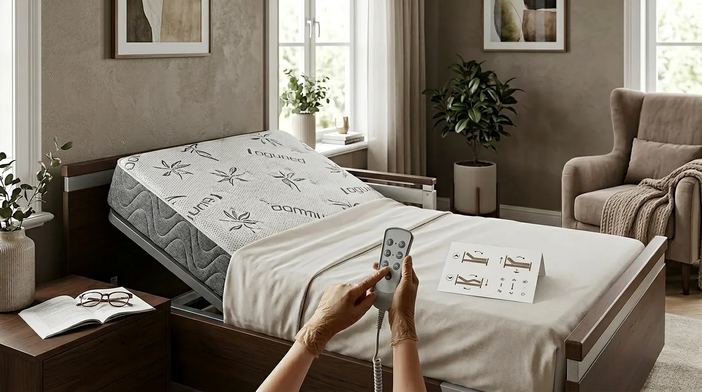 Delivery team member demonstrating pendant hand control functions to a family caregiver