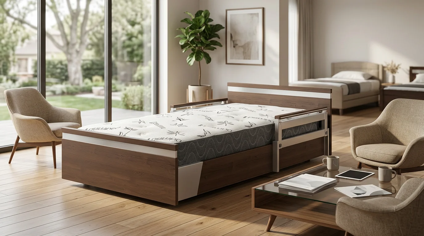 Family consulting with a hospital bed specialist with multiple bed models on display