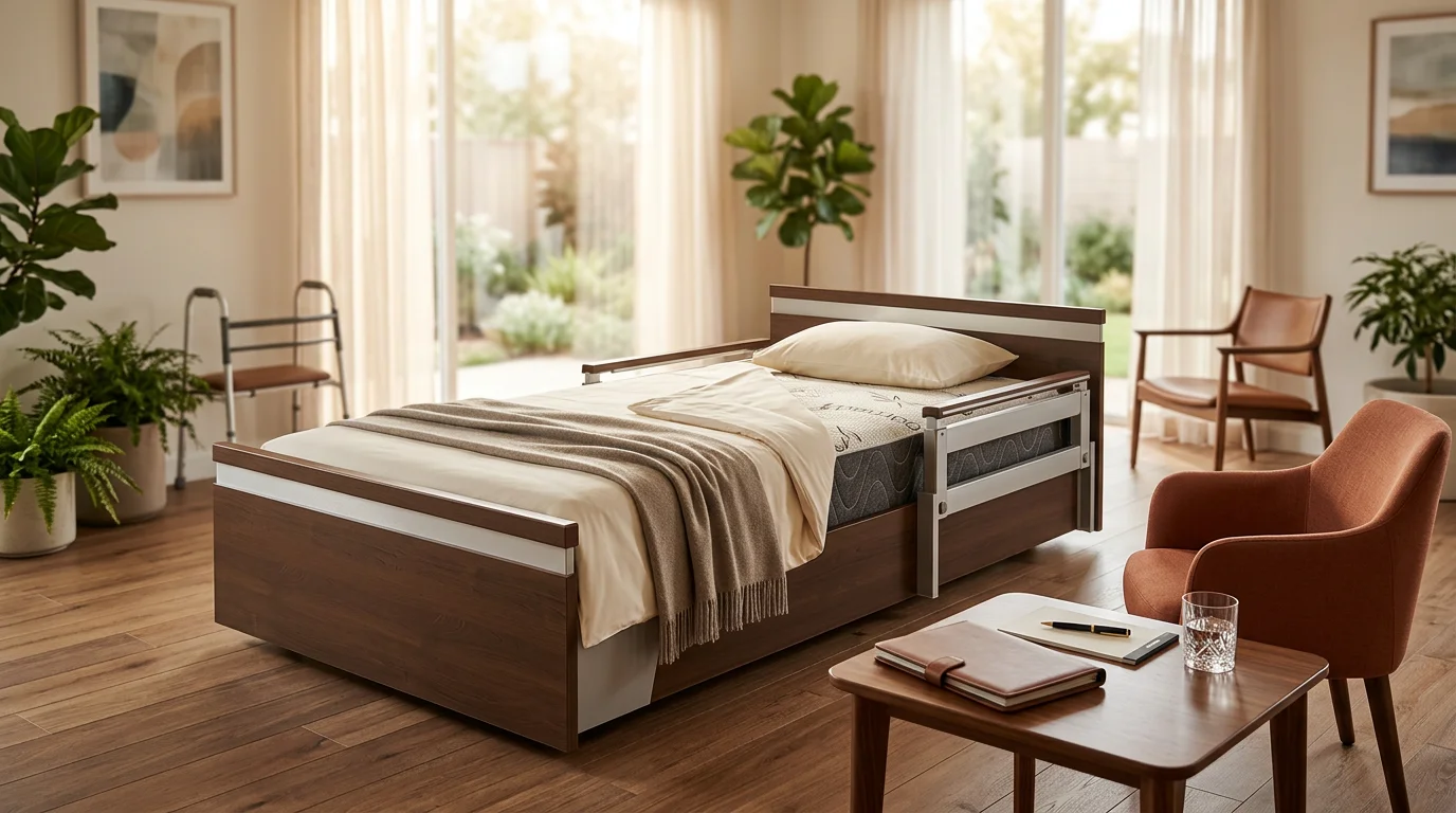 Family discussing hospital bed payment plan options with financing specialist at medical equipment store