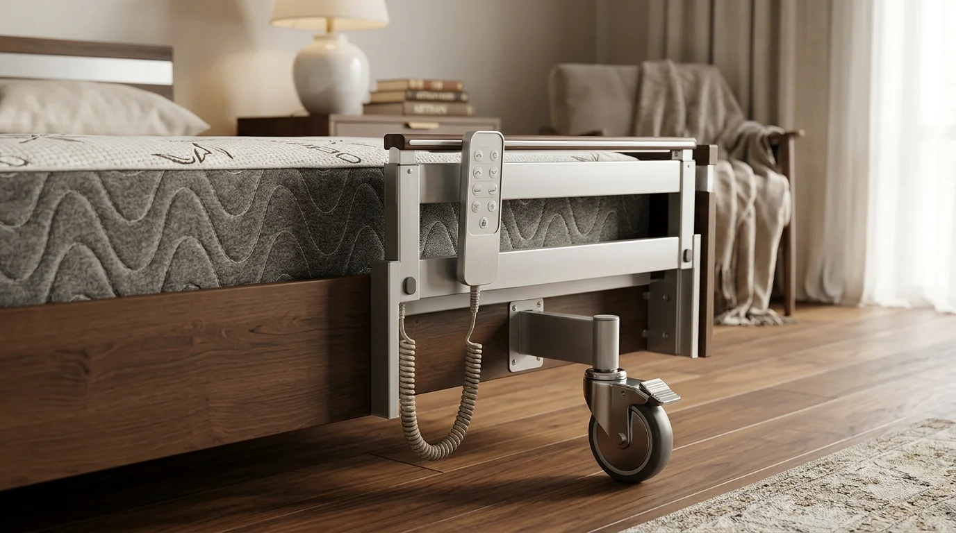 Close-up view of hospital bed caster lock system and pendant hand control device