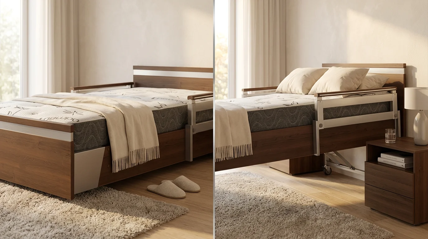 Hospital bed demonstrating height adjustment range from low floor position to elevated caregiver height