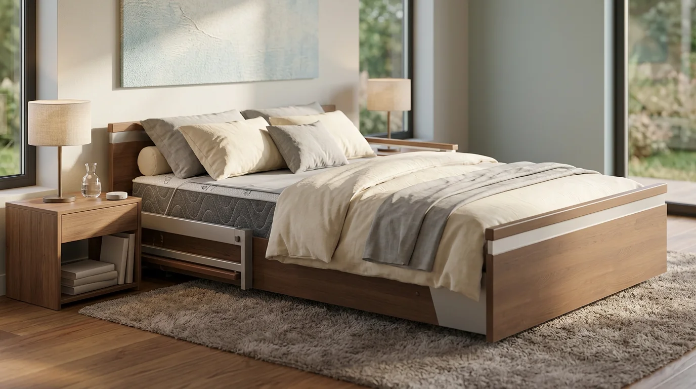 Hospital bed equipped with bed alarm sensor pad and ultra-low positioning for dementia patient safety