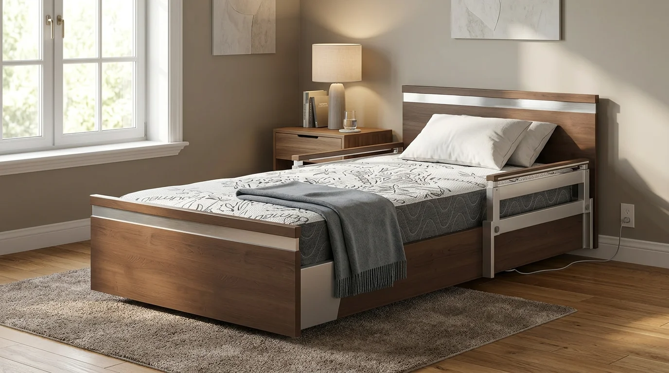 Hospital bed set up in a bright home bedroom with natural light and comfortable surroundings