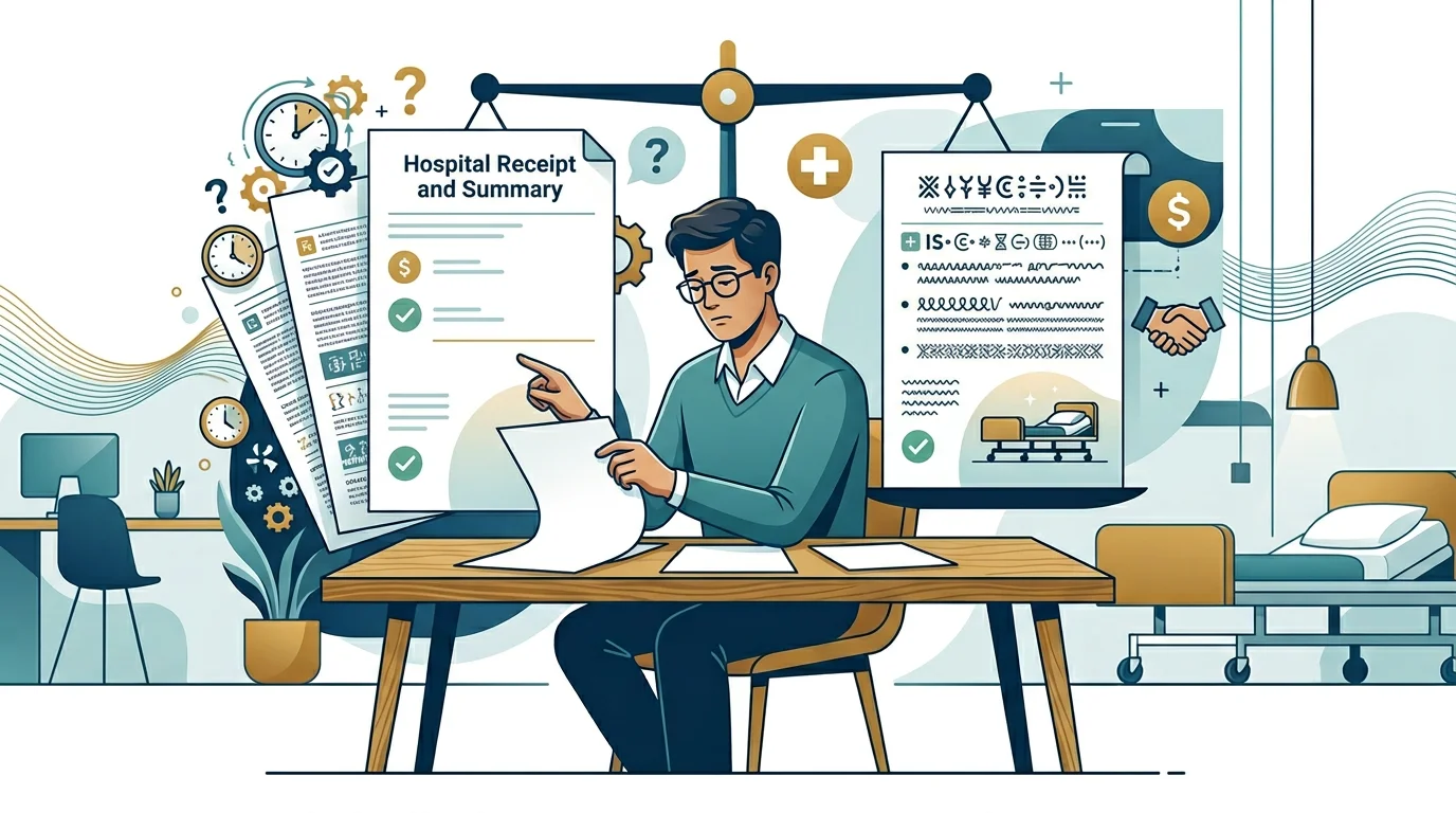 Person reviewing rental agreement fine print alongside hospital bed purchase receipt for comparison