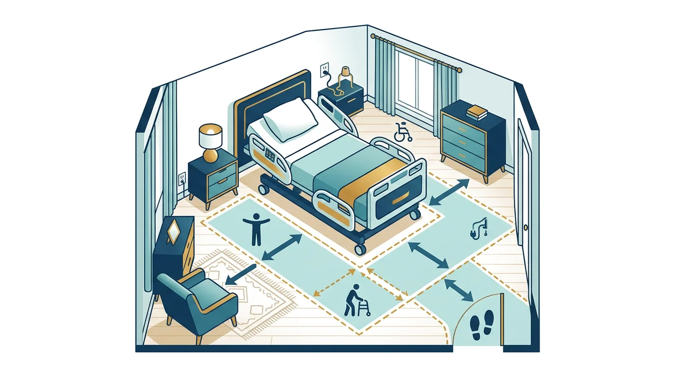 Room layout diagram showing hospital bed placement with measurements for caregiver clearance areas