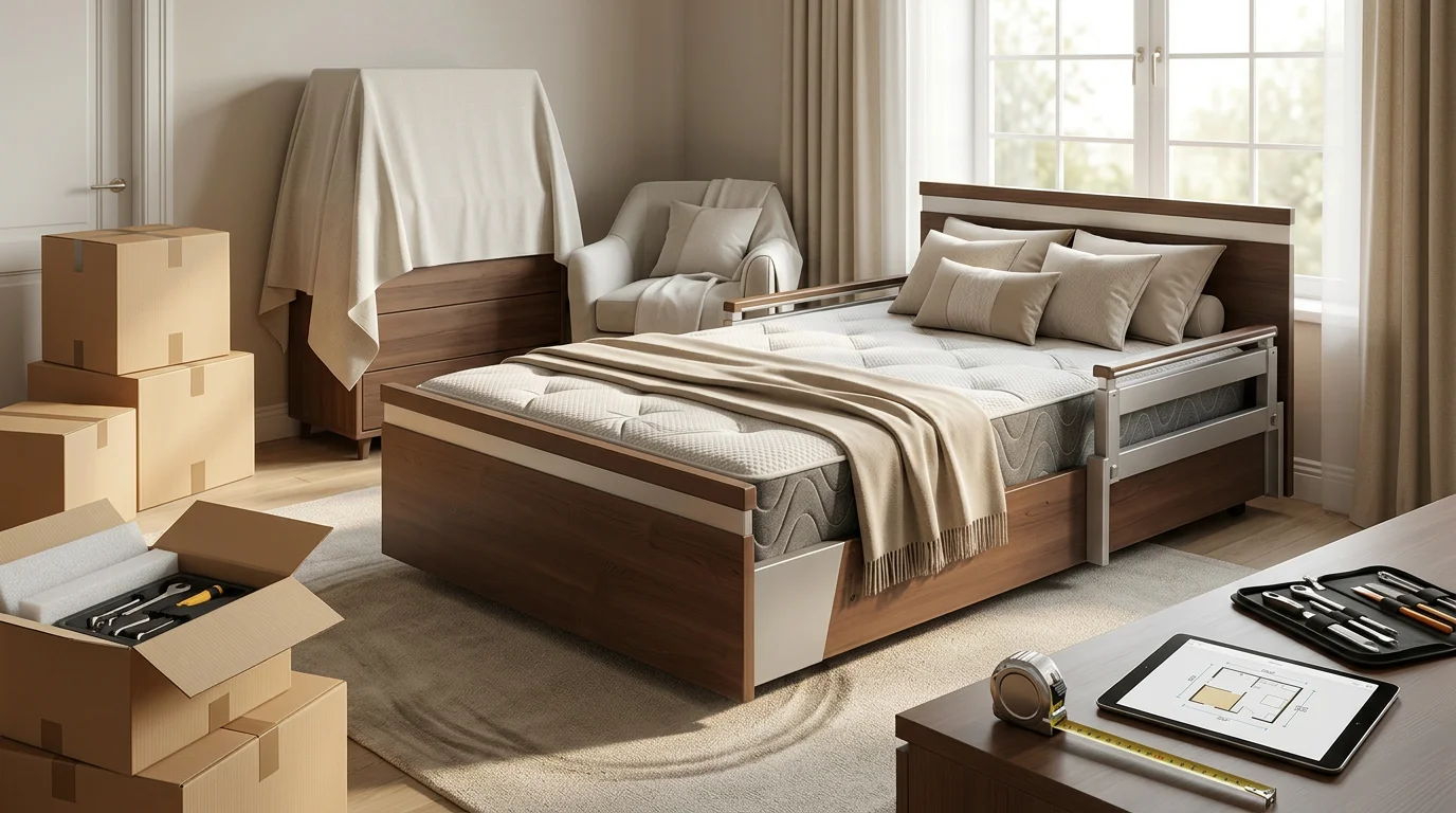 Room being prepared for hospital bed delivery with furniture cleared and measurements being checked