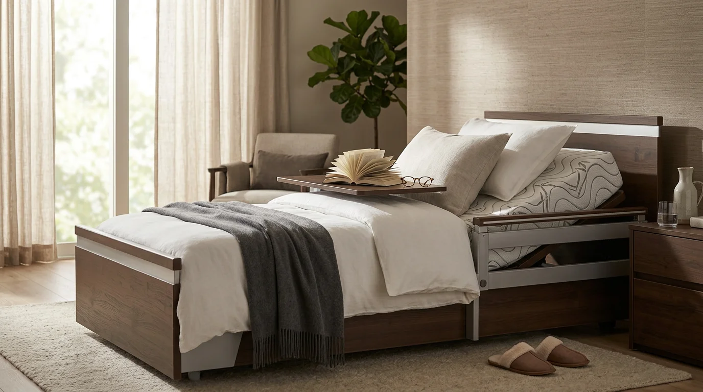 Senior comfortably reading in an adjustable hospital bed with raised head section in a home bedroom