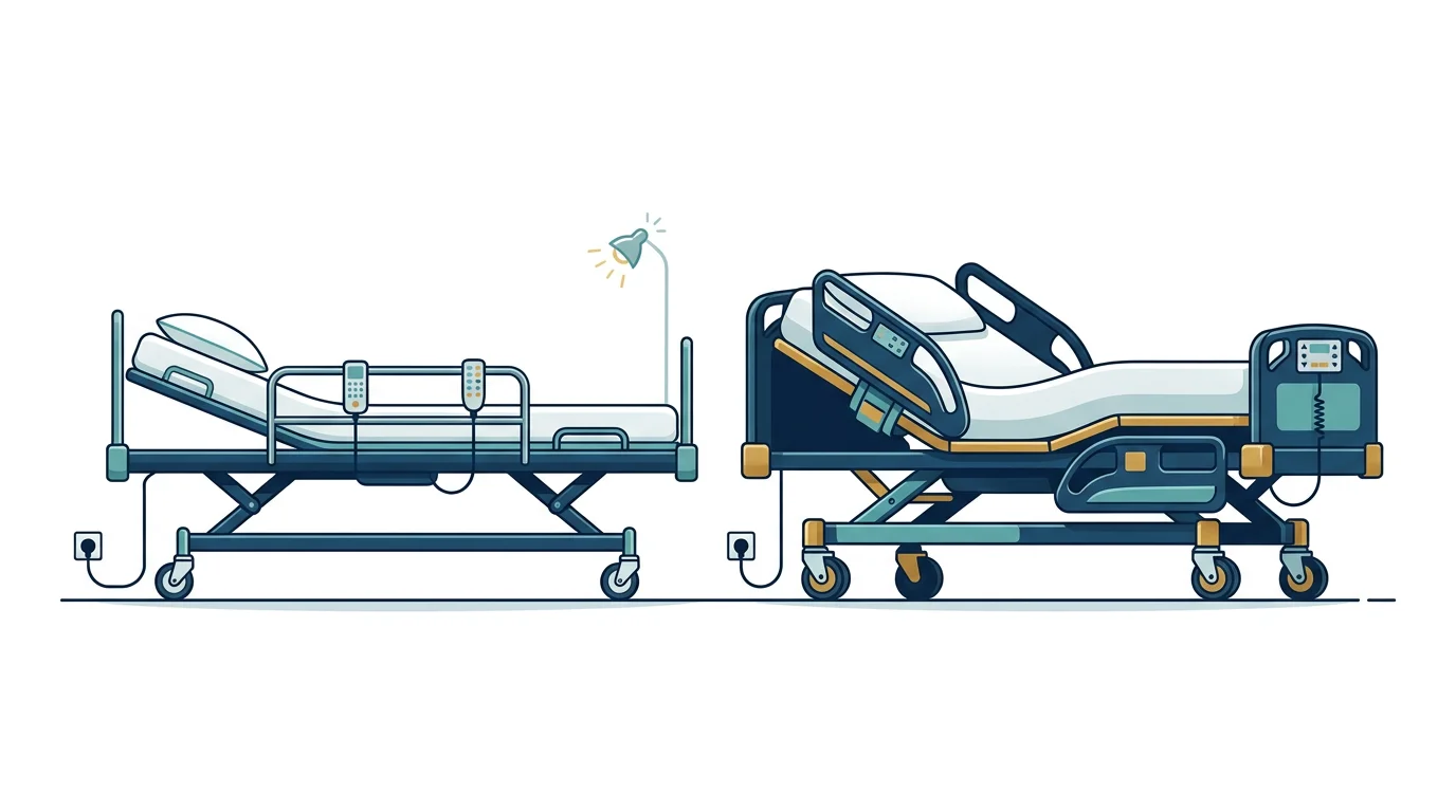 Side view comparison of standard width and bariatric width hospital beds showing size difference