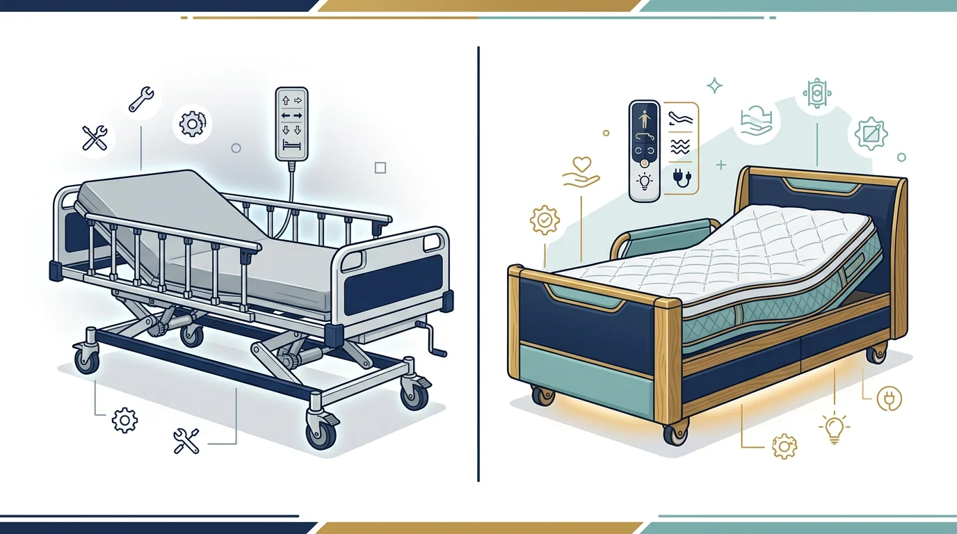 Side-by-side comparison of standard clinical hospital bed and luxury residential-styled hospital bed