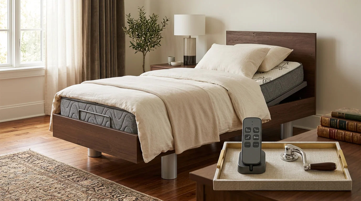 Side-by-side view of fully-electric hospital bed pendant control versus semi-electric manual crank mechanism