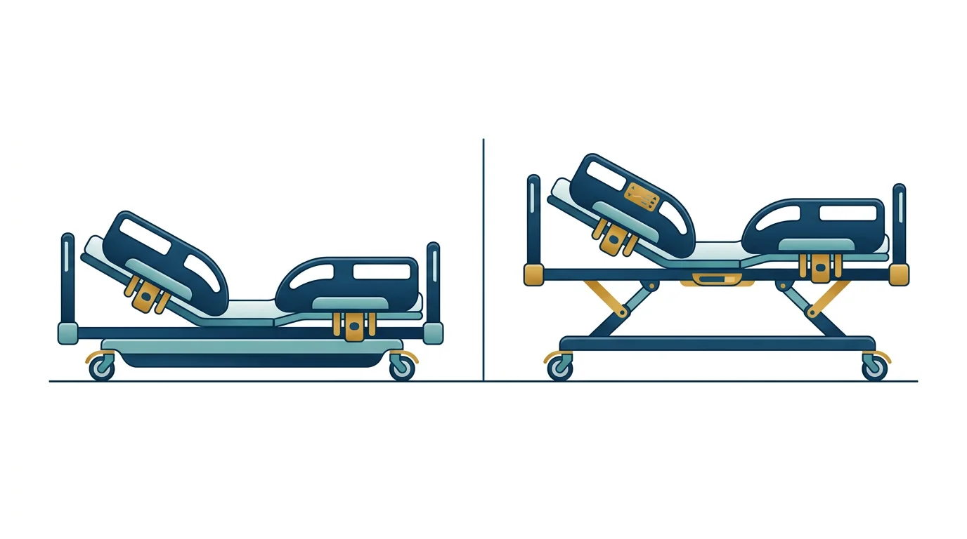 Side view comparison showing ultra low bed at floor level versus standard height hospital bed positions