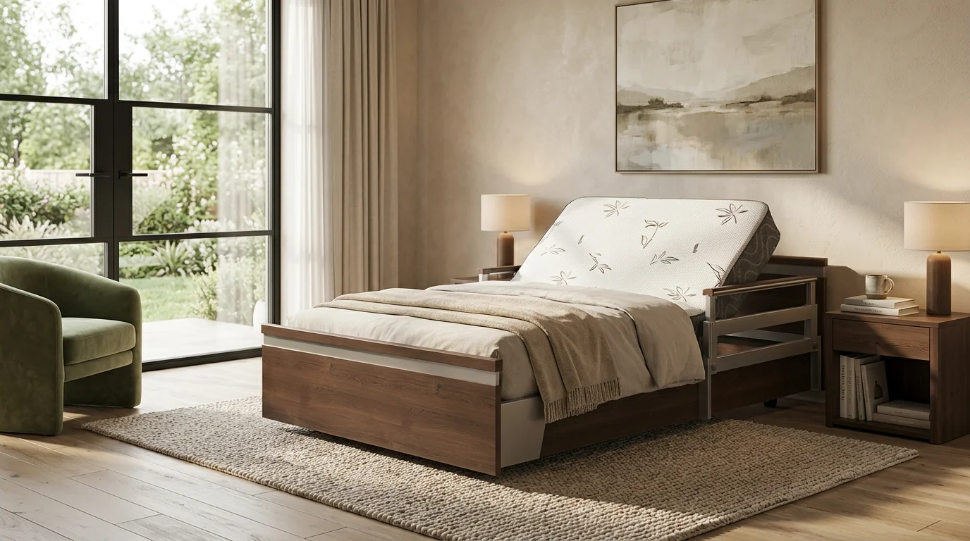 Spacious home bedroom set up with bariatric hospital bed showing adequate room clearance for mobility