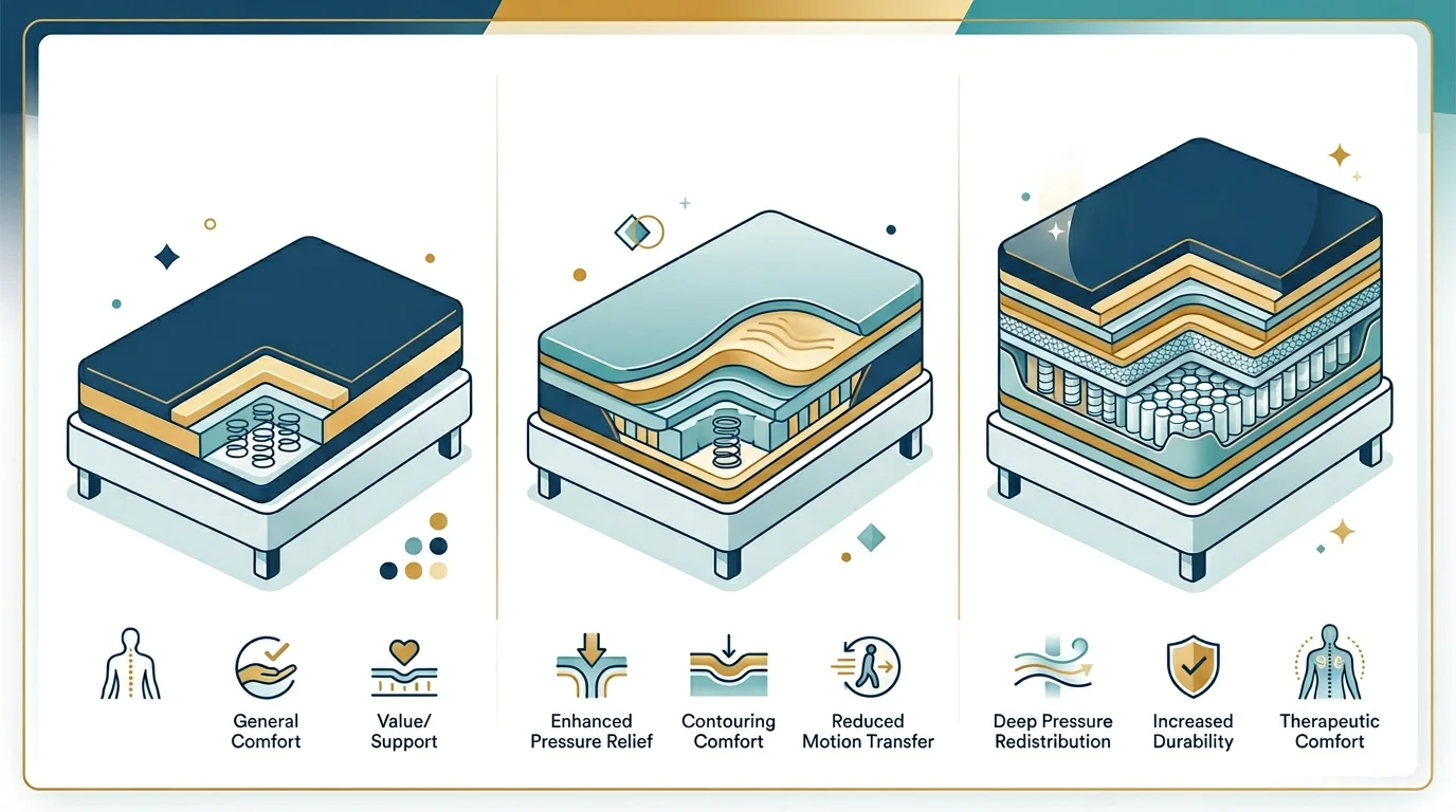 Three hospital bed mattress types displayed side by side for comparison of thickness and construction