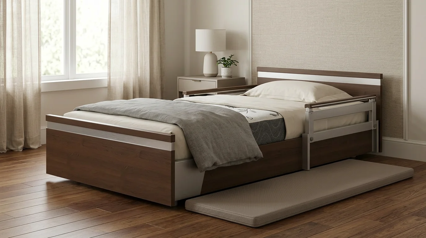 Ultra low hospital bed positioned near floor level with padded safety mat on bedroom floor beside it