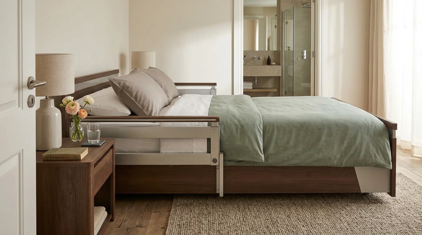 Well-organized home recovery room with hospital bed, bedside table, and clear pathway to bathroom