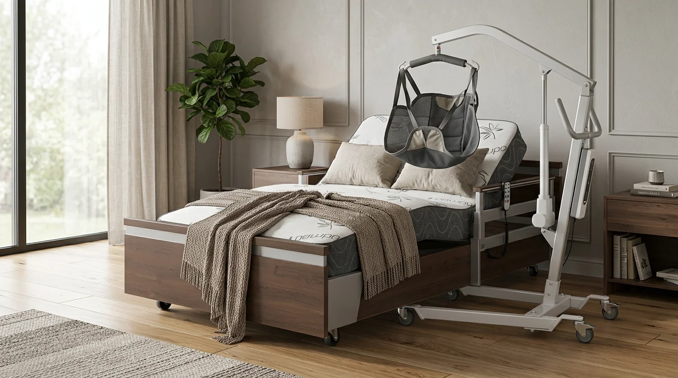 Bariatric patient lift system positioned alongside an extra-wide hospital bed demonstrating the generous frame clearance for safe transfers