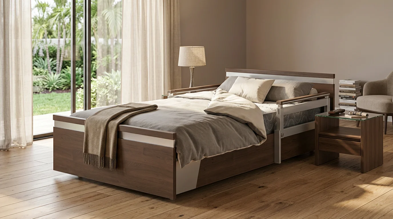 Caregiver adjusting the safety enclosure and positioning of a special needs hospital bed for an adult patient in comfortable Orlando home setting