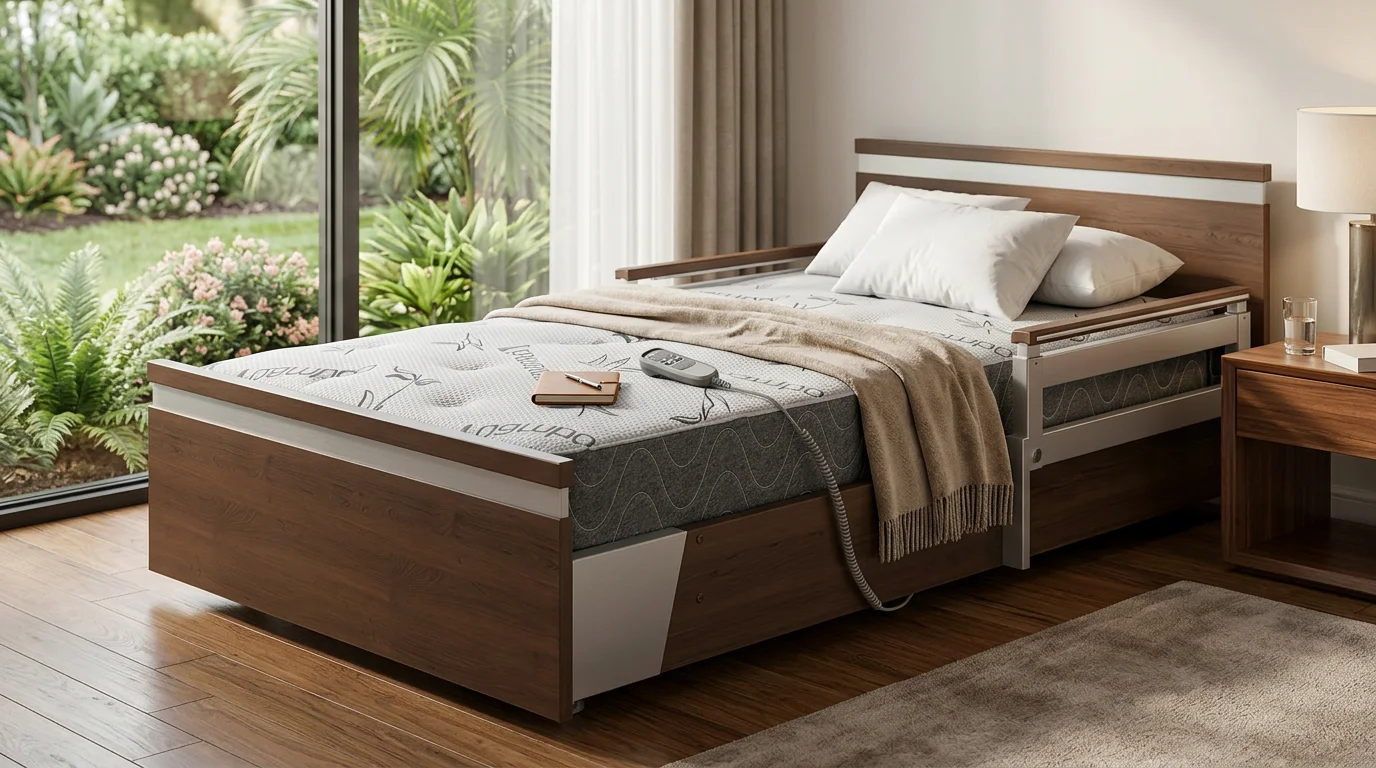 Caregiver assisting a patient with the pendant hand control of a fully-electric hospital bed during professional setup in an Orlando home