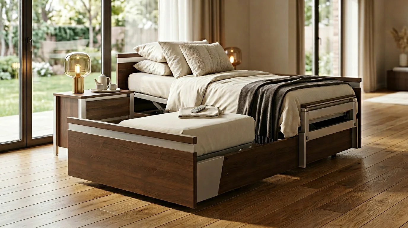 Caregiver raising an ultra low hospital bed from floor level to standard working height for patient care and daily assistance activities