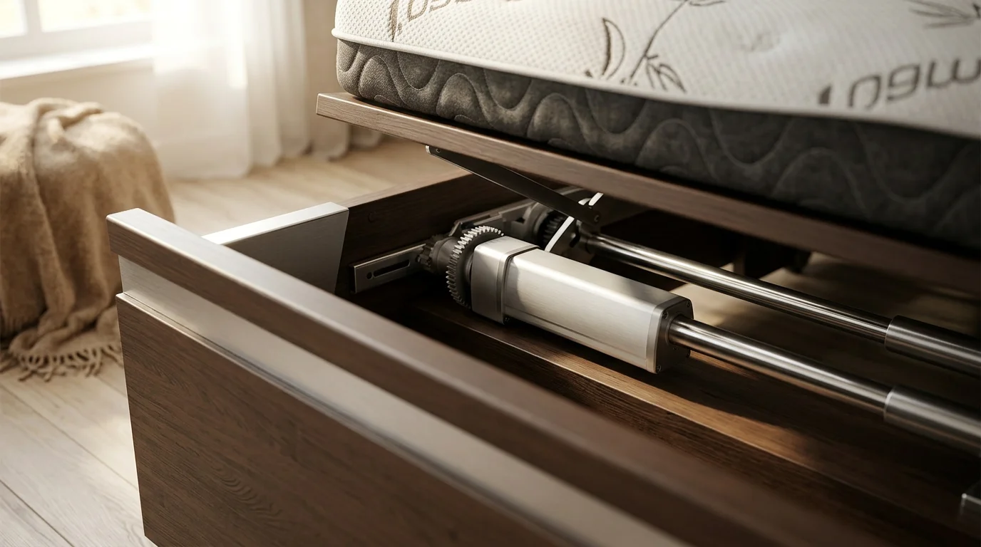 Close-up of whisper-quiet motor assembly inside a premium hospital bed frame demonstrating the silent operation technology and smooth mechanisms