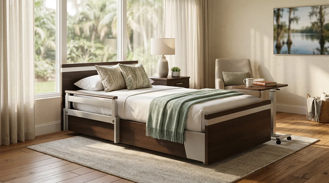 Complete hospital bed package fully assembled and ready for use in a warm and welcoming Orlando home bedroom with all accessories in place