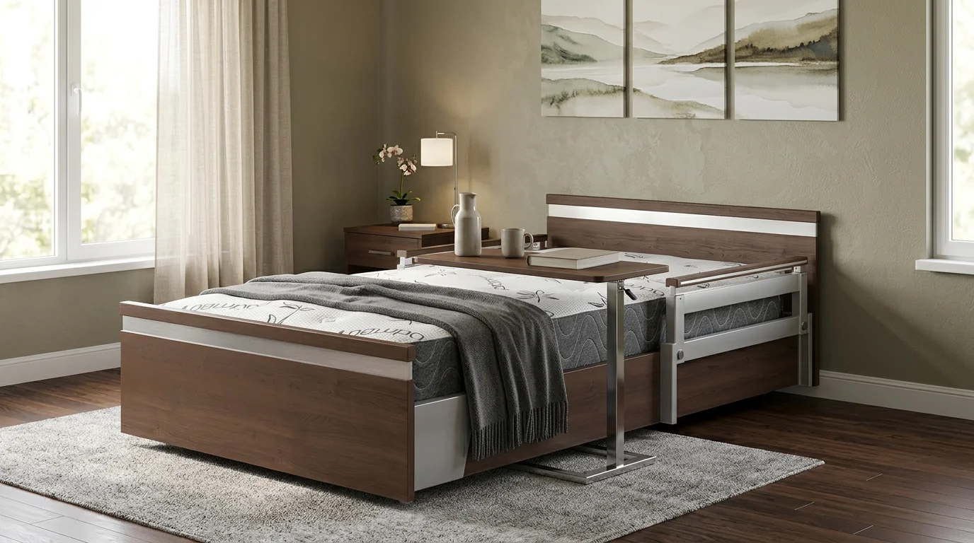 Complete hospital bed package laid out showing the fully-electric bed frame, therapeutic mattress, safety side rails, and overbed table together