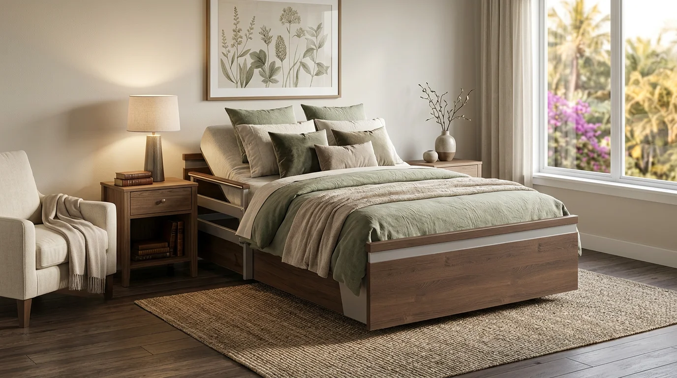 Extra-wide bariatric hospital bed with 48-inch deck width and reinforced steel frame positioned in a comfortable Orlando home bedroom