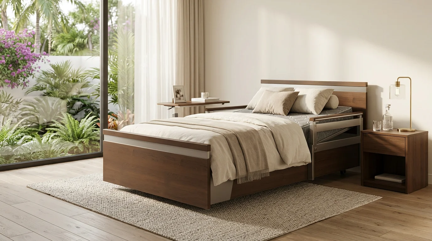 Family caregiver assisting a senior loved one in a hospital bed at comfortable working height reducing physical strain in Orlando home