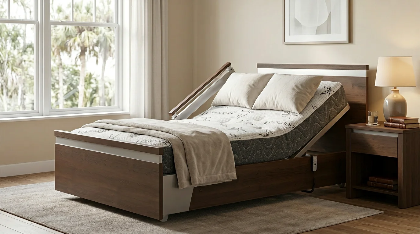 A fully-electric hospital bed positioned in the semi-Fowler position inside a bright and welcoming Orlando home bedroom with natural light