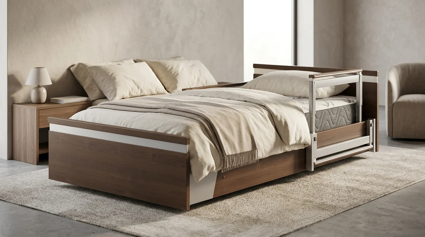 Half-rail safety system installed on hospital bed showing the upper rail providing support while leaving lower section open for easy bed entry