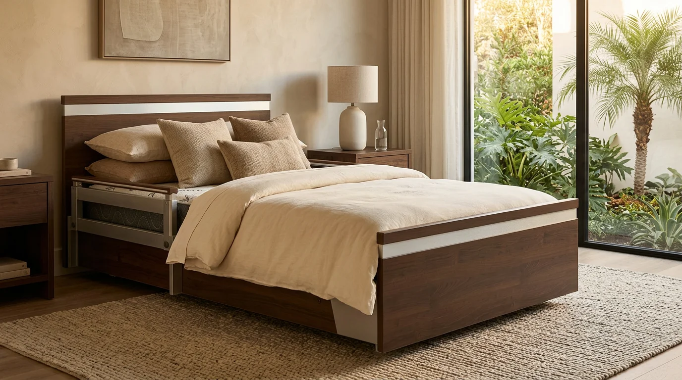 Hi-Lo adjustable hospital bed lowered to chair level height showing a patient safely and easily entering the bed in an Orlando home