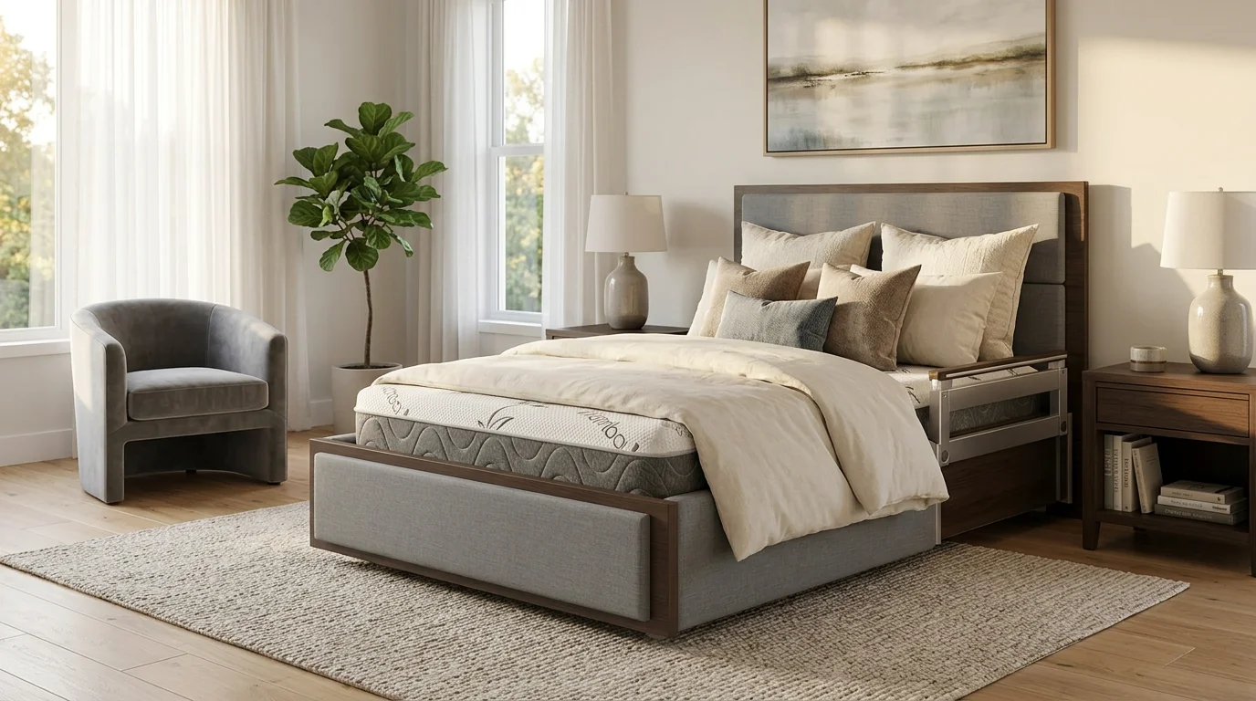 Luxury hospital bed with elegant dark wood headboard and residential styling positioned in a beautifully decorated Orlando home master bedroom