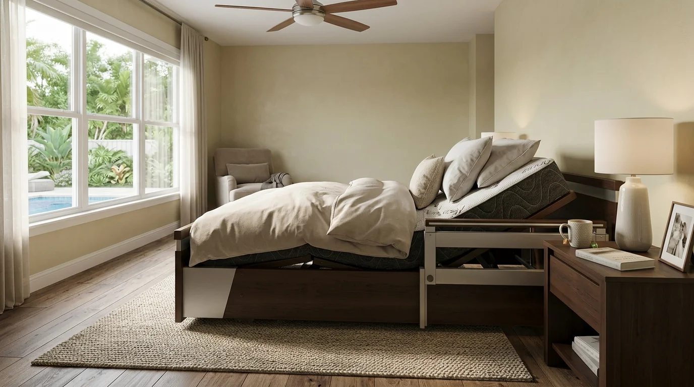 Patient resting comfortably in zero-gravity position on a Hi-Lo adjustable hospital bed in a peaceful Orlando home bedroom