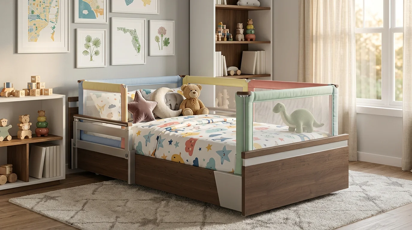 Pediatric special needs hospital bed with colorful bedding and child-friendly safety enclosure in a bright welcoming Orlando home child bedroom