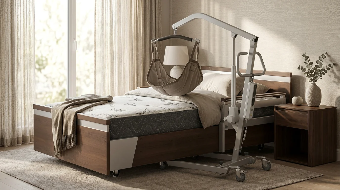 Portable Hoyer patient lift system positioned next to a Hi-Lo adjustable hospital bed demonstrating transfer compatibility in home setting