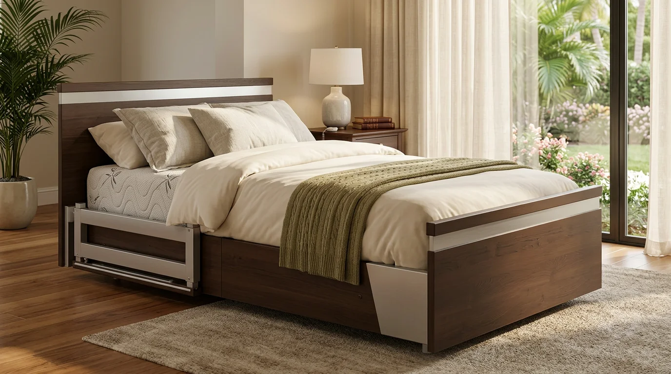 Senior patient comfortably resting in a hospital bed with residential styling and warm bedding in a cozy Orlando home aging in place