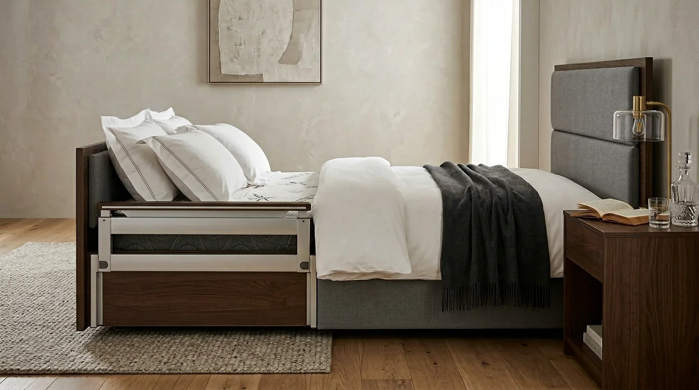 Side view of premium luxury hospital bed showing the furniture-grade wood finish headboard and hidden medical features blending with home decor