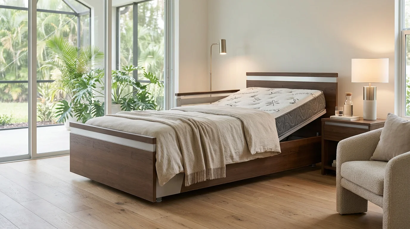 Special needs hospital bed with customizable positioning features and adaptive accessories set up in a safe Orlando home care environment