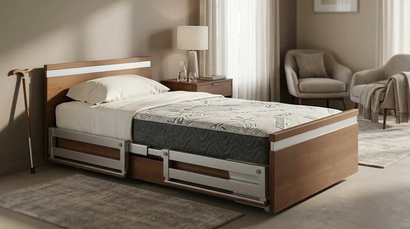 Split side rail safety system on a fully-electric hospital bed showing the easy entry and exit design for patient independence