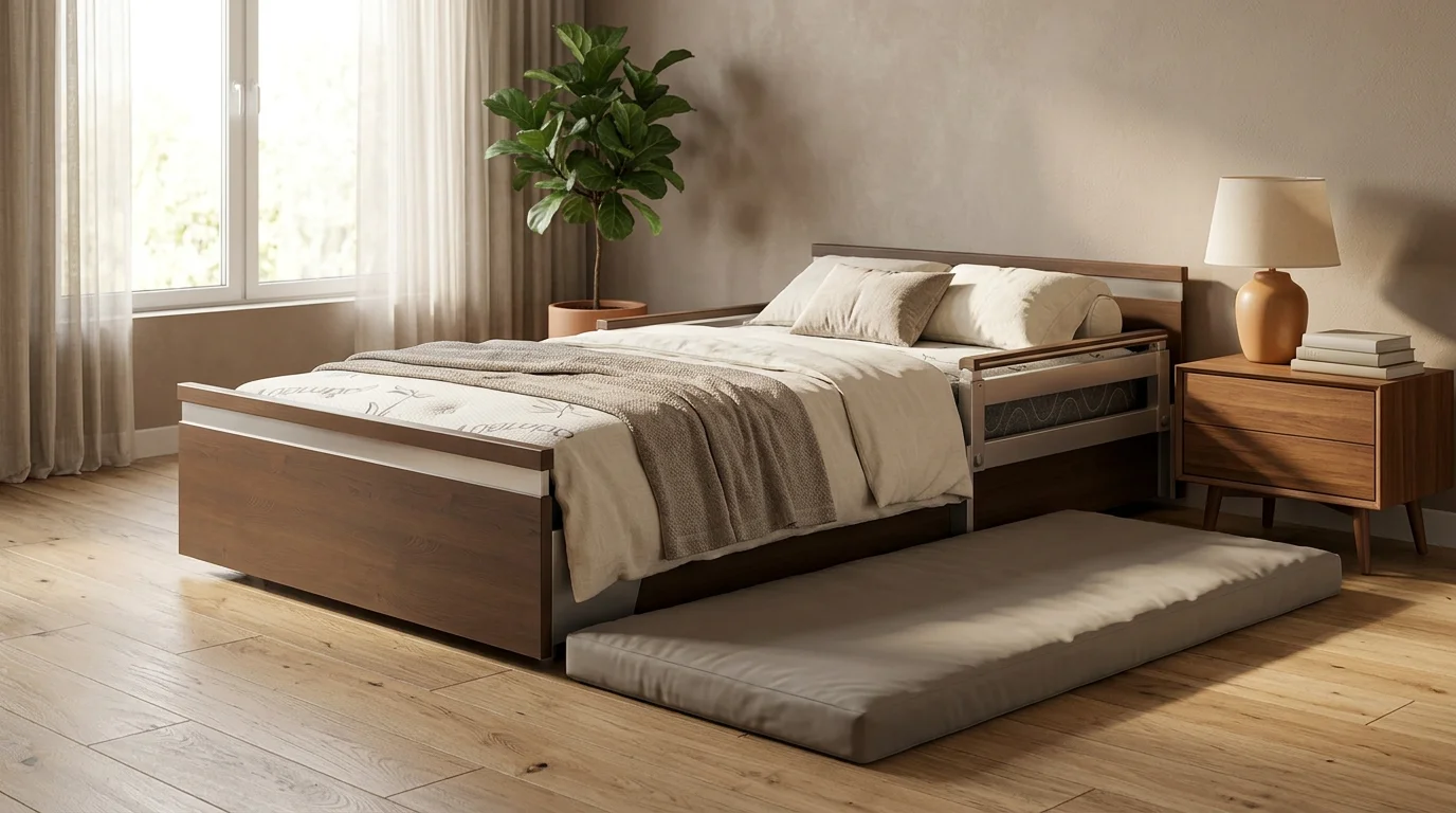 Ultra low hospital bed at floor-level positioning with padded safety mat placed alongside for maximum fall injury reduction in home setting